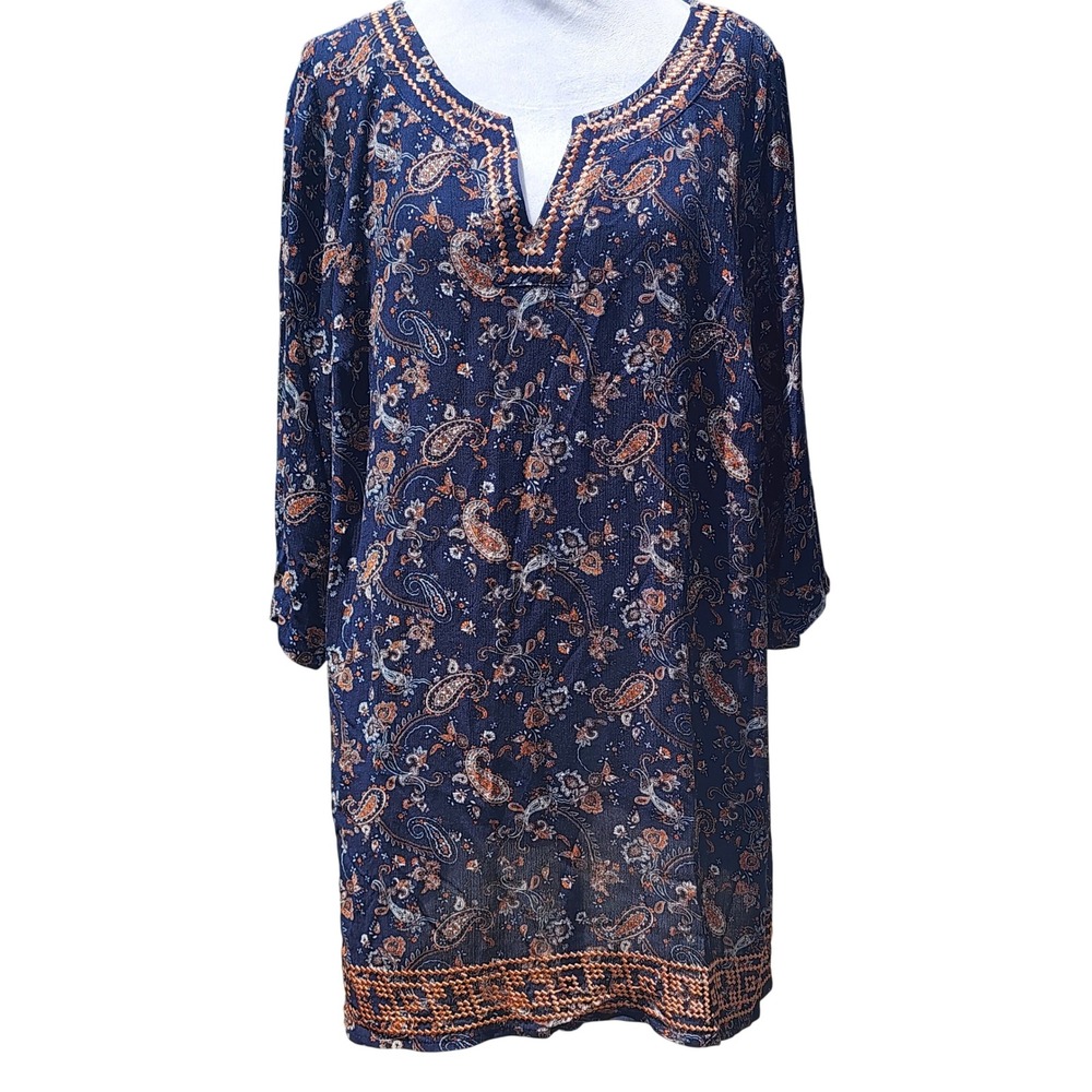 Market & Spruce Navy Paisley Embroidered Blouse/Shift Dress 1X Boho 3/4 Sleeve